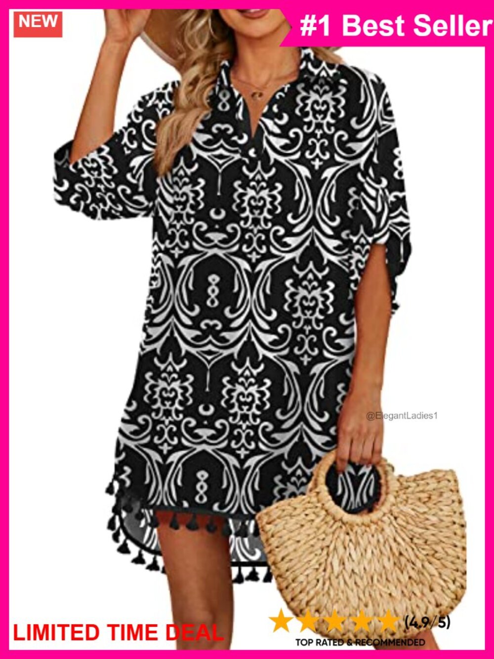 Womens Swimsuit Coverup Tassel Beach Bathing Suit Cover Up 3/4 Sleeve
